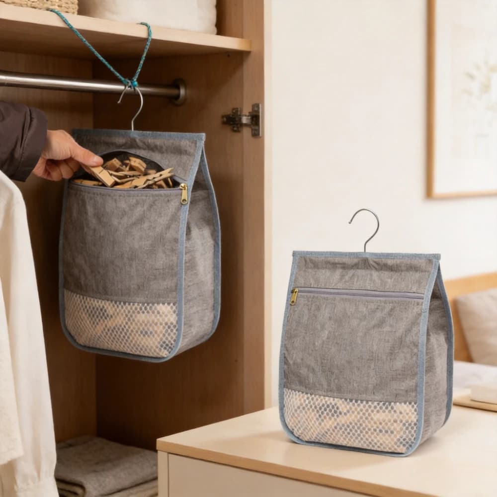 Borsa porta mollette da bucato, organizer appendibile con gancio girevole per mollette in rete, lavabile, con chiusura a cerniera