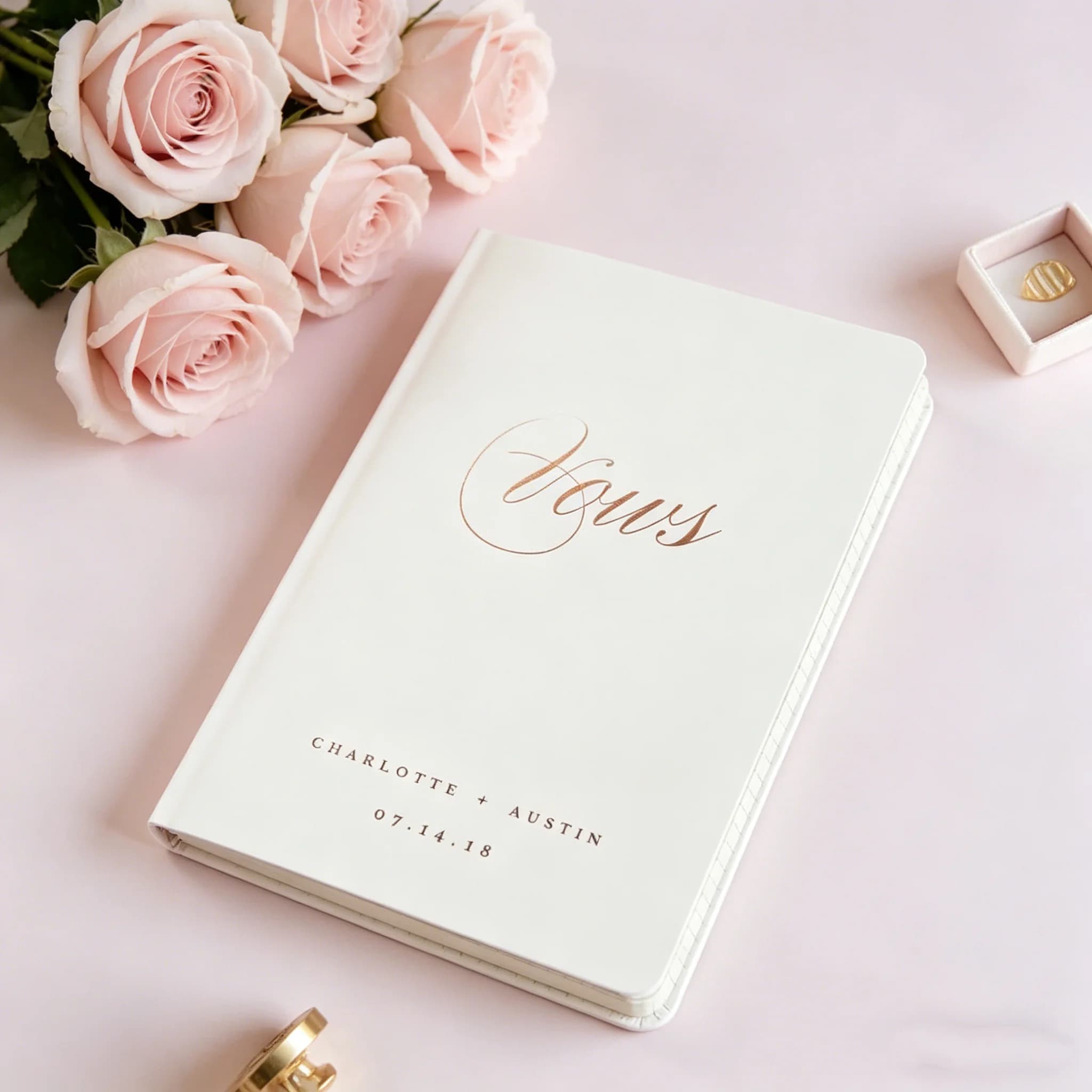 Blush Pink Gold Foil Vow Book Set with Custom Calligraphy, Elegant Wedding Keepsake for Couples