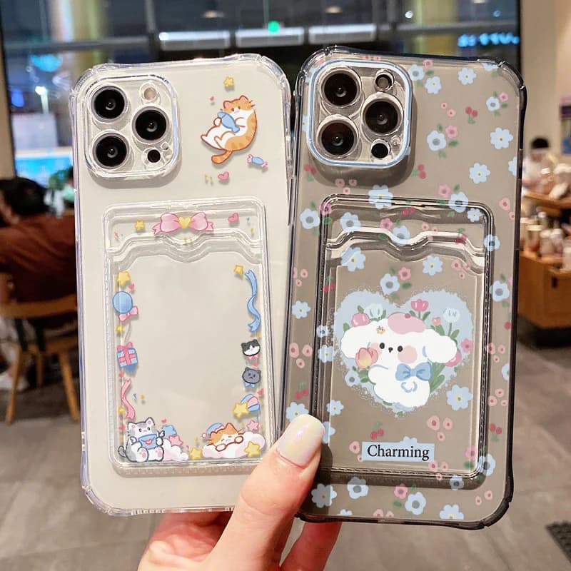 Cute Cat Silicone Clear Phone Case For iPhone 17 16 15 13 12 11 14 Pro Max Plus 16e Air XR XS SE Soft Card Slot Bag Holder Cover