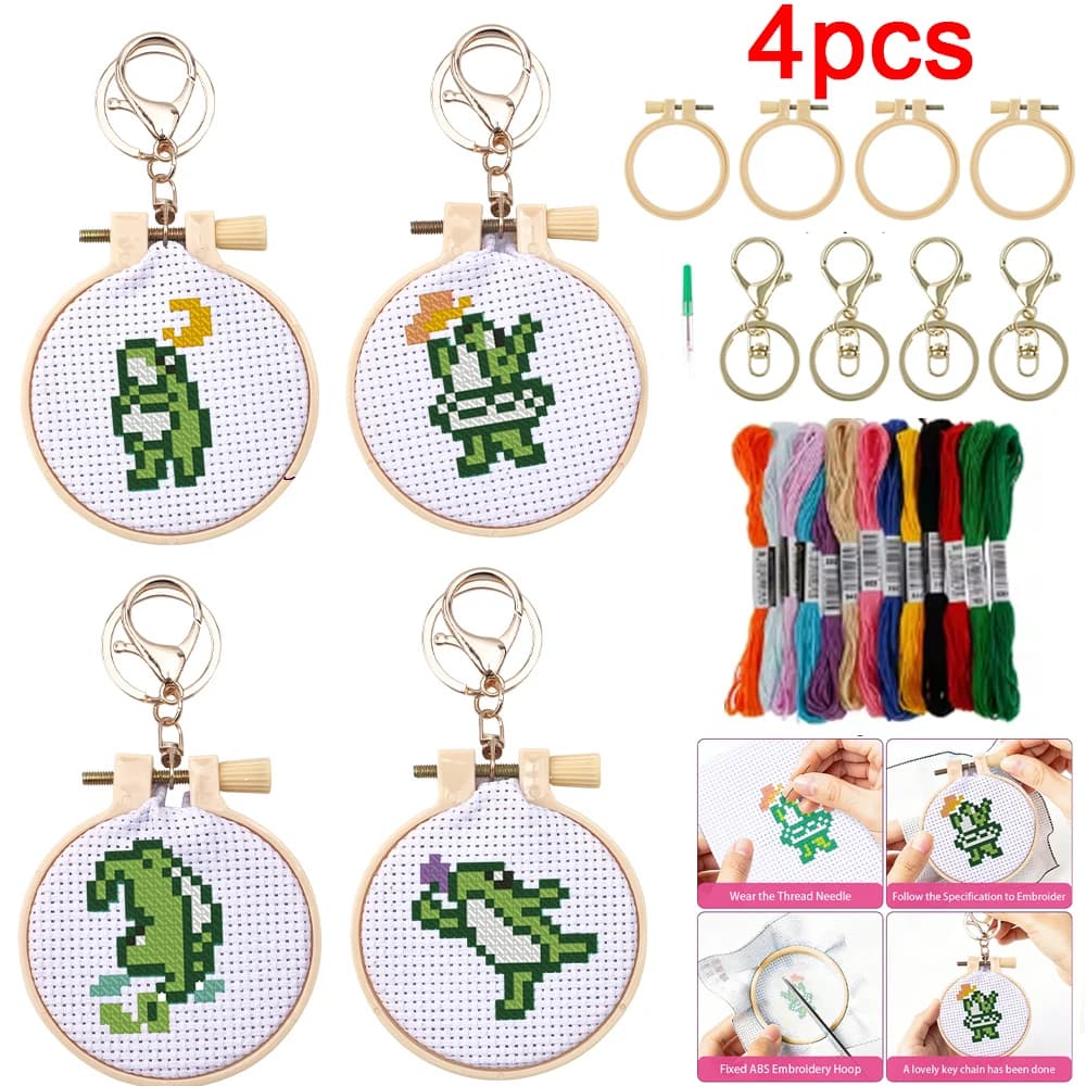 4pcs Embroidery Starter Kit DIY Cross Stitch Frog Pattern Craft Material Portable Needles Remover Threading Tool With Hoop Kids