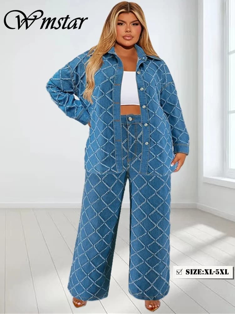 Wmstar Plus Size Denim Set a due pezzi Donna Autunno Abbigliamento Stampa Top a maniche lunghe Pantaloni Nuovi abiti coordinati Dropshopping all'ingrosso