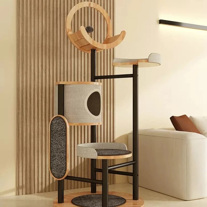 Tiragraffi per gatti in legno massello, grande struttura per gatti integrata nell'albero, accessori per la pulizia delle zampe, giocattoli multifunzionali