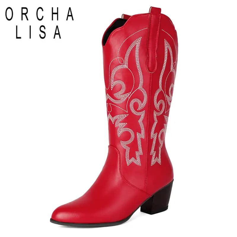 ORCHA LISA 2025 New Women Western Boots Pointed Toe 5.5cm Thick Bottom Slip On Embroider Big Size 46 47 48 Retro Cowboy Booties