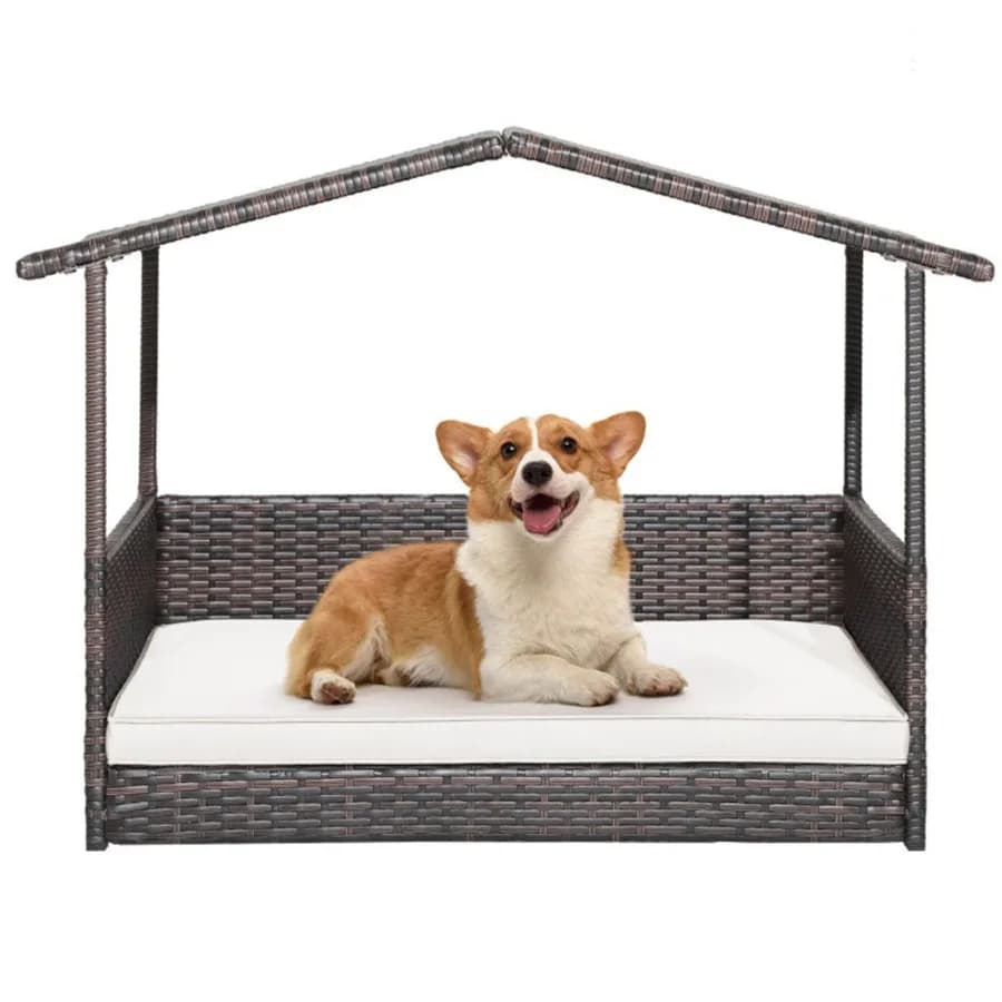 Cuccia per Cani da Esterno con Tettoia, Letto in Rattan con Cuscino Impermeabile Beige, Pratica e Resistente per Uso Esterno