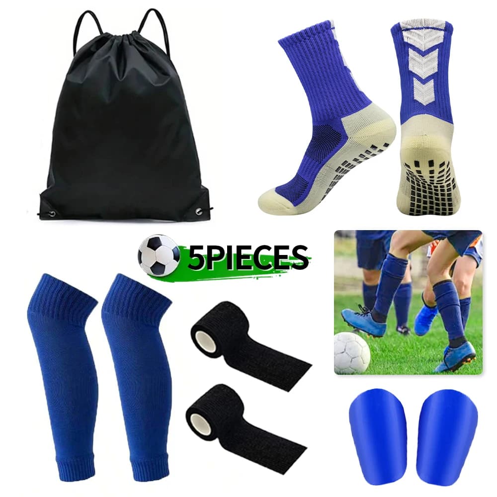 Set da 5 Pezzi: Sacca con Coulisse per Pallone, Calze da Calcio, Parastinchi e Protezioni per Gambe per Uomo e Donna, per Allenamento Sportivo, Coprigambe, Calze da Calcio con Grip e Fasce