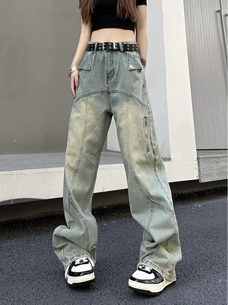 Jeans da Donna Stile Americano Retro Lavato con Tintura Effetto Fango, Gamba Dritta Larga, Vita Alta, Design per Primavera Autunno Inverno