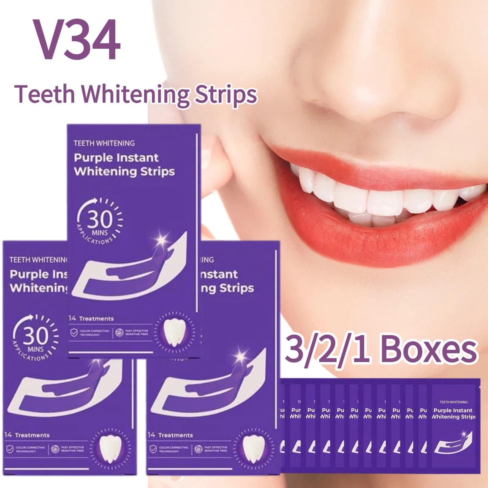 Whitening Strips for Denti V34 Purple Essence, Remove Yellow, Illuminating Adhesives for Tooths, Fresh Food, Whitening Product for Tooths, Packs of 3/2/1