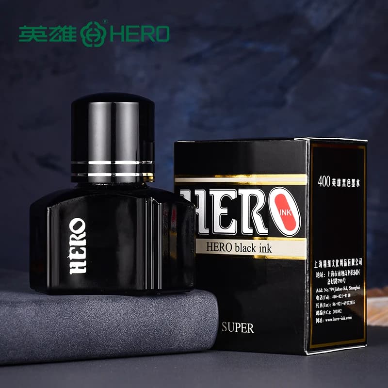 Hero Ink 400 Black: Fast-drying, non-clogging pigment ink for premium pens. 25ml