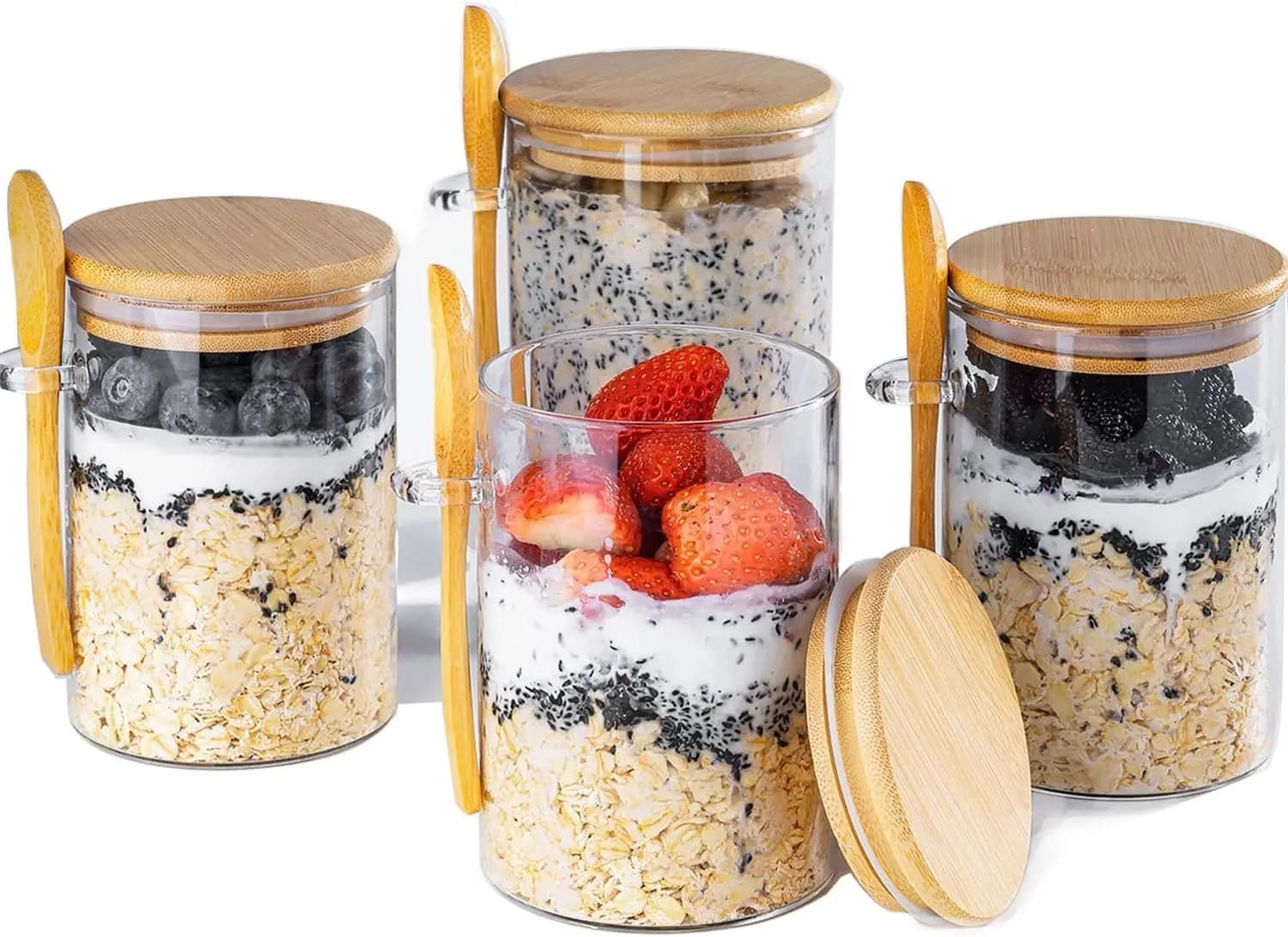 Set di 4 Barattoli in Vetro da 16oz per Overnight Oats con Coperchi Ermetici, Contenitori per Preparazione Pasti e Controllo Porzioni, Senza BPA