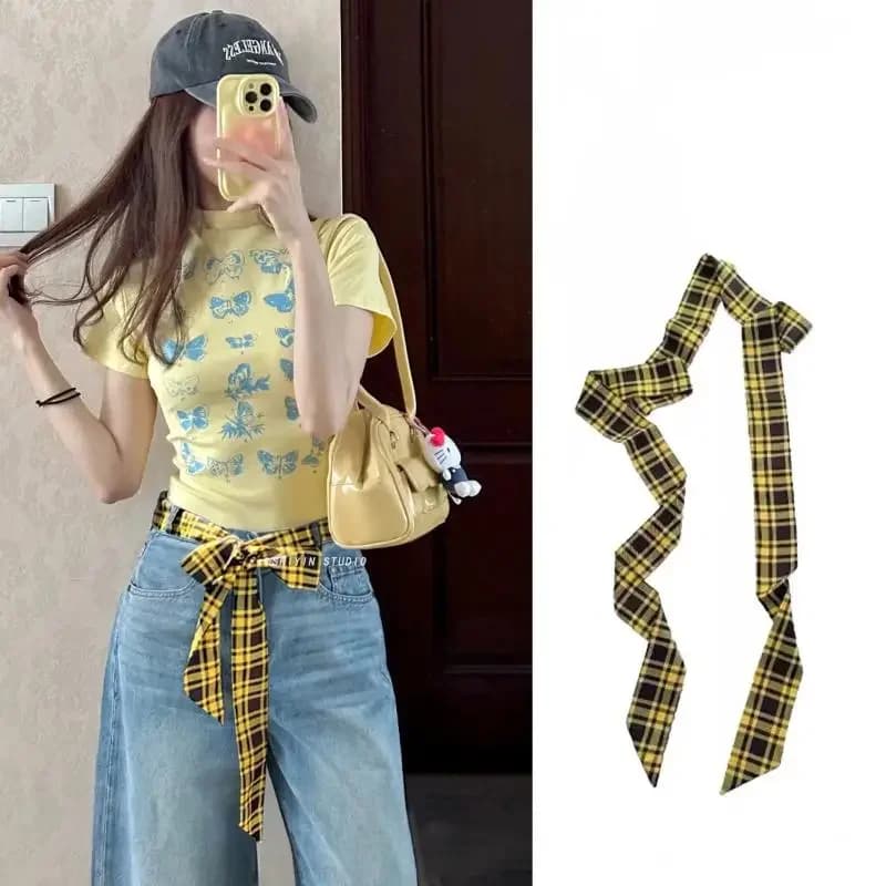 Cintura in vita scozzese lunga e magra alla moda con sciarpa con cravatta jeans - Fascia per capelli alla moda e accessorio decorativo per abiti eleganti