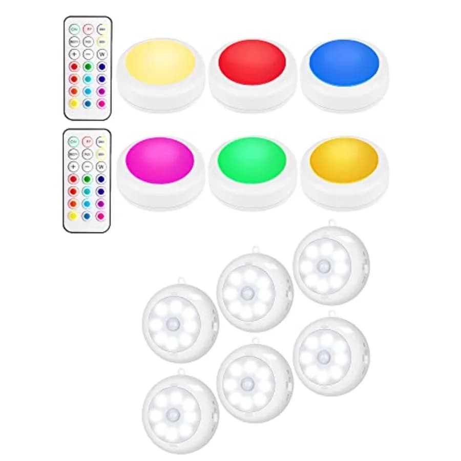 6 Luci a Disco con Telecomando + 6 Sensori di Movimento per Interni, Luci LED per Armadio a Batteria, Sensore di Movimento Notturno