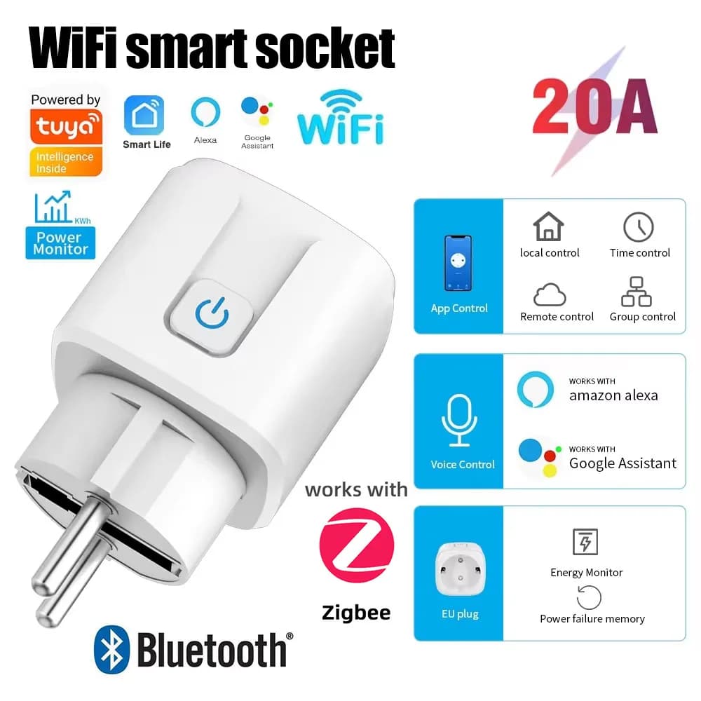 Smart socket Tuya WiFi/Zigbee 3.0 EU 16A/20A with Consumption Monitoring, Timer and Vocal Control for Alexa, Google Home, Smart Life, Alice