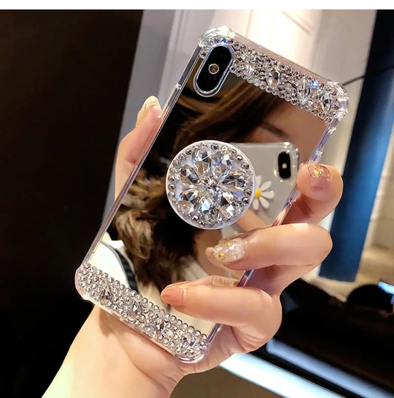 Custodia morbida con specchio diamantato con supporto Gasbag Custodia pieghevole con stent per iPhone 17 16Pro 15 14 13 11 12 Pro Max XS Max X XR