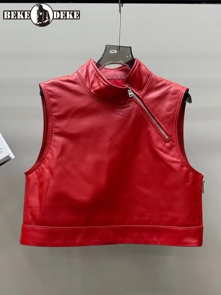 Gilet da donna in vera pelle Harajuku colletto alla coreana giacca pullover senza maniche tinta unita cerniera gilet casual da donna streetwear