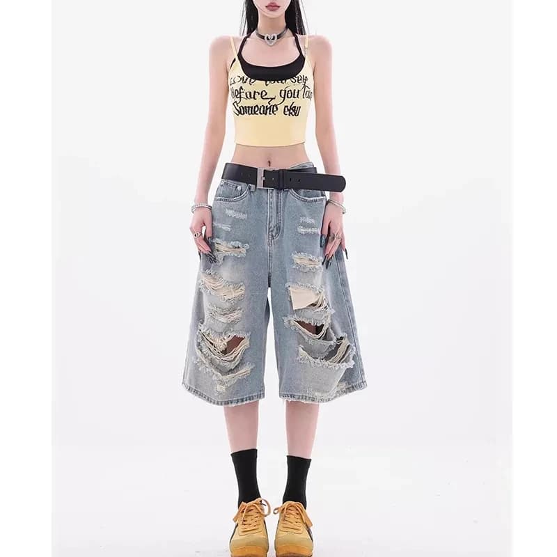 Pantaloncini in denim strappati blu da donna, stile Y2K Harajuku High Street anni 2000, estetica vintage a gamba larga, jeans a cinque punte