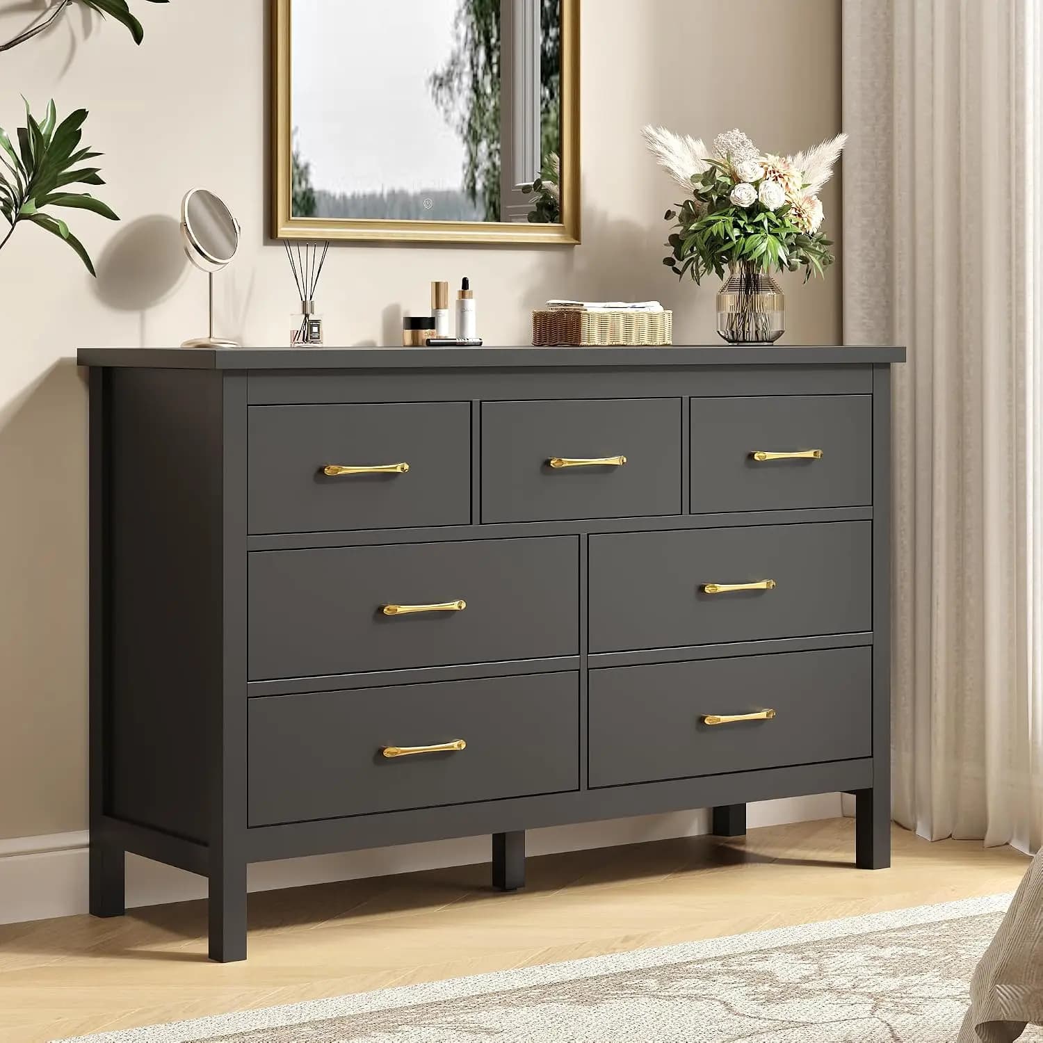 7 Drawer Wooden Double Dresser with Golden Handles, Wide Storage Organizer for Bedroom Living Room Hallway Entryway, Customized