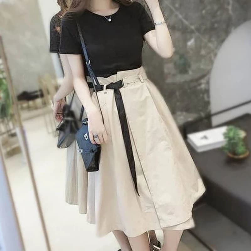 Estate nuova moda donna abiti donna High Street girocollo manica corta t-shirt Slim tinta unita stile coreano gonna a trapezio