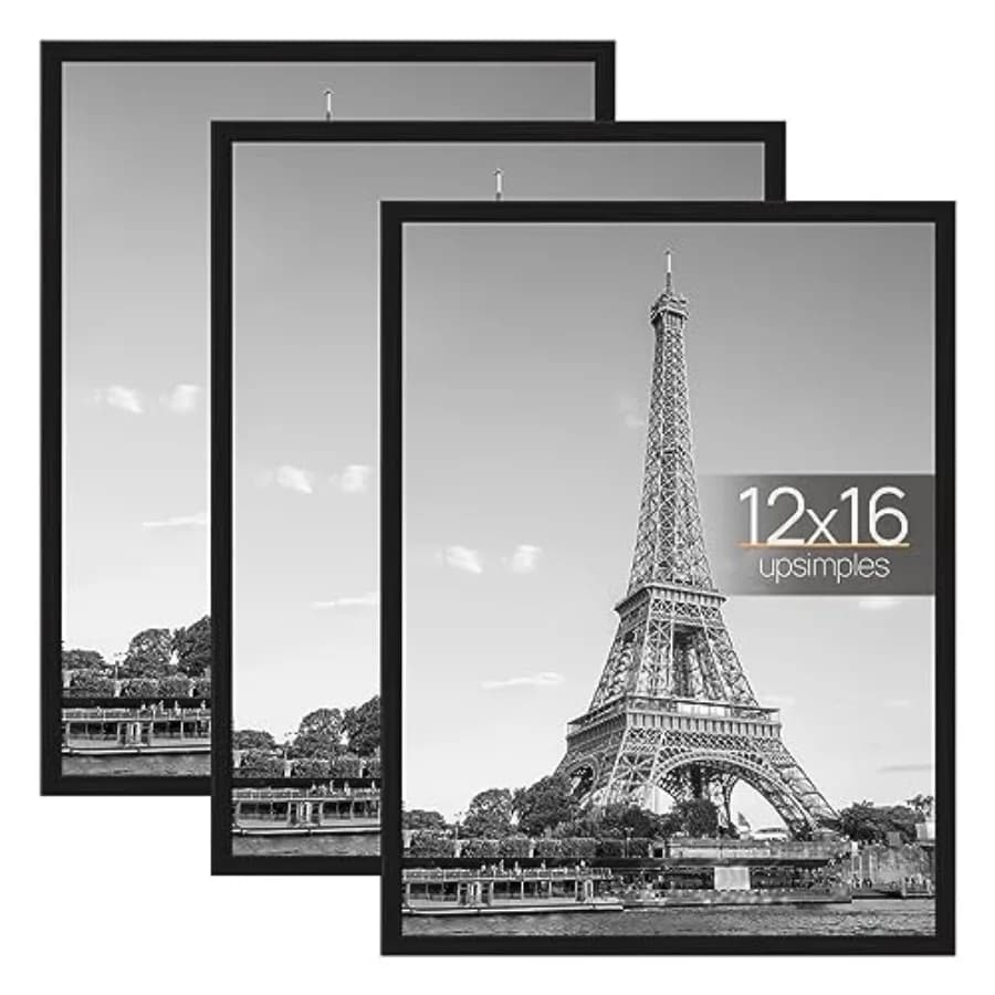 12x16 Picture Frame Black 3 Pack, Scratch-Proof Poster Frames 12 x 16 for Photo Gallery - Slide-In Strips, Horizontal or Vertic