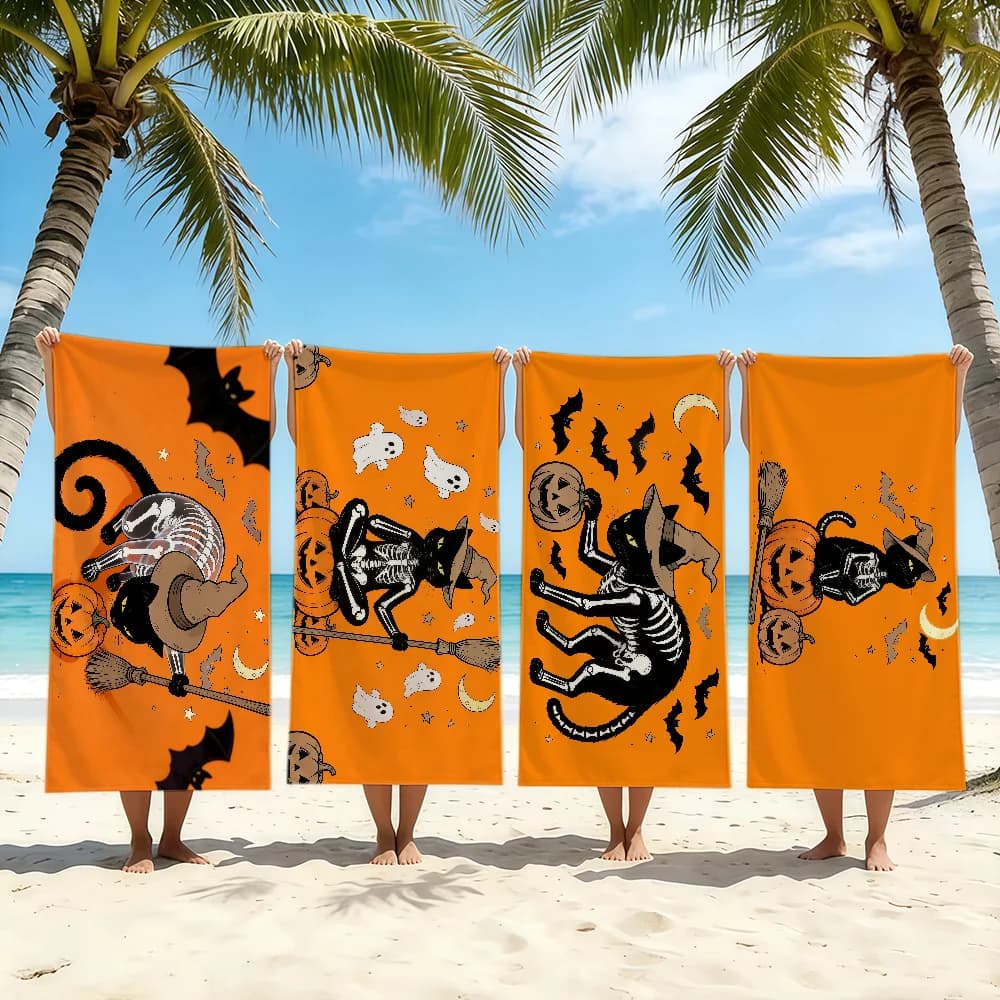 Orange Halloween Black Cat Skull Wizard Towel Bath Towel Travel Shower Quick-Drying Soft Same Style Men Women Sports
