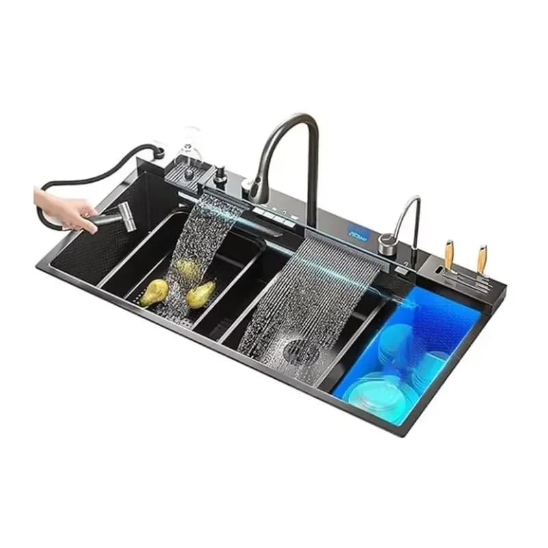 Lavello da Cucina Intelligente con Display Digitale per Superfici Nano, con Tripla Uscita a Cascata, Portacoltelli, Supporto Telefono e Doccetta Bidet