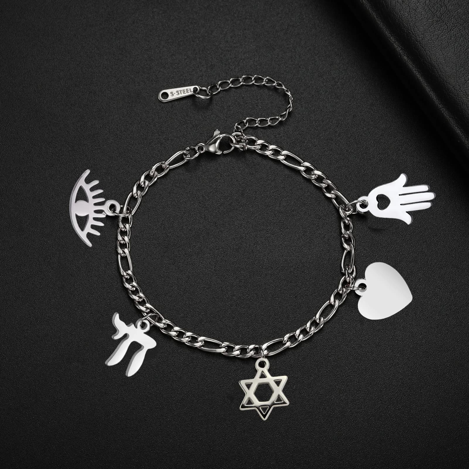 Amaxer Small Jewish Star Bracelets for Women Men Personalized Jewish Chai Fatima Charm Pendant Stainless Steel Jewelry Gifts