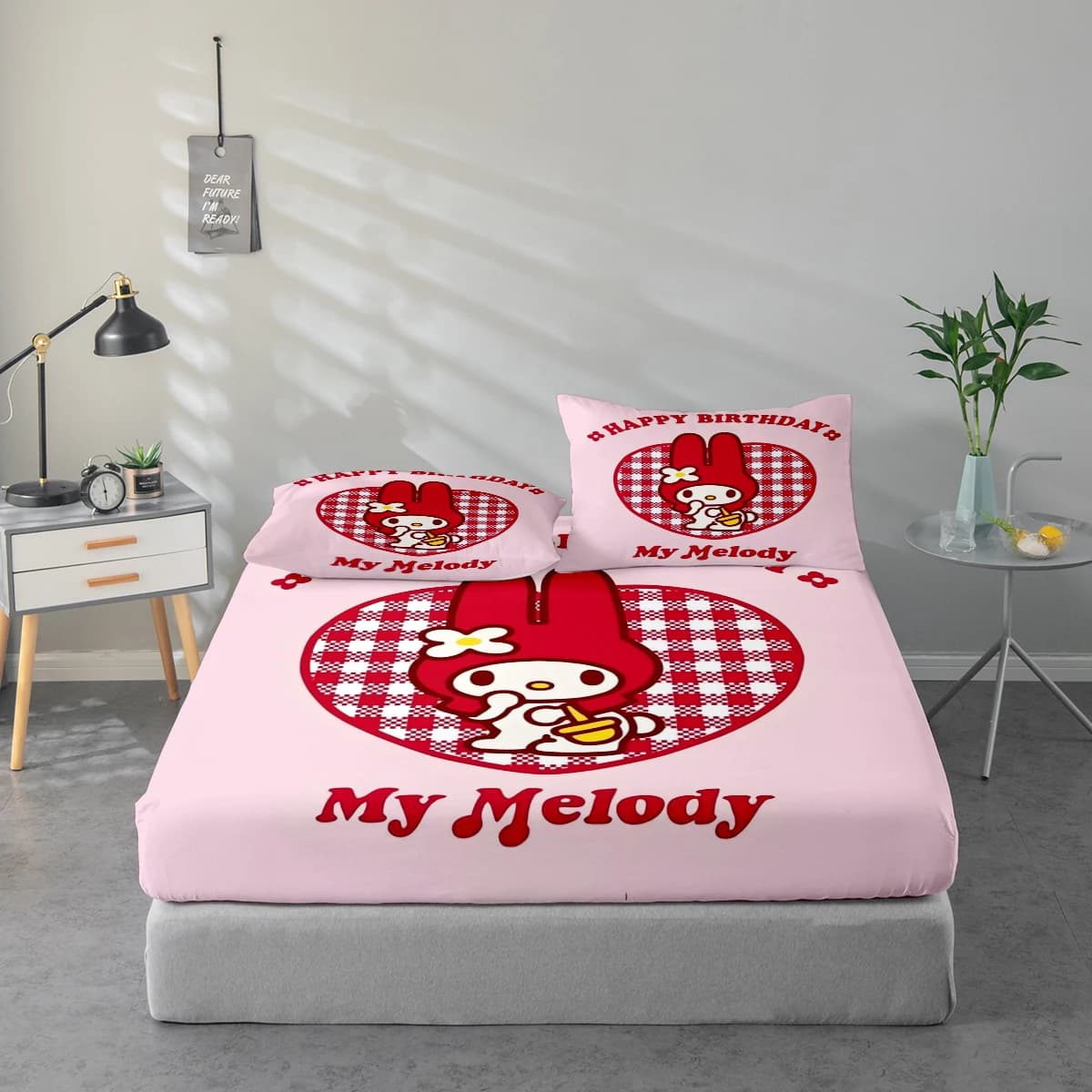 Set of high-definition digital sheets in 3 pieces, set of sheets with My Melody pattern, set of sheets with large floral print, includes 1 sheet with corners + 1/2 pillowcase, suitable for bedroom, guest room, home decoration, bed linen with polyester fibre corners + pillowcase, ultra soft bed linen, thick and ultra soft fabric, comfortable for all seasons, washing machine