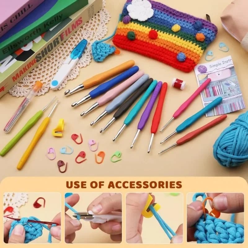 Colorful Ergonomic Crochet Hooks Set with Large Eye Yarn Knitting Needles Marking Clips Tools And Storage Bag for Knitters