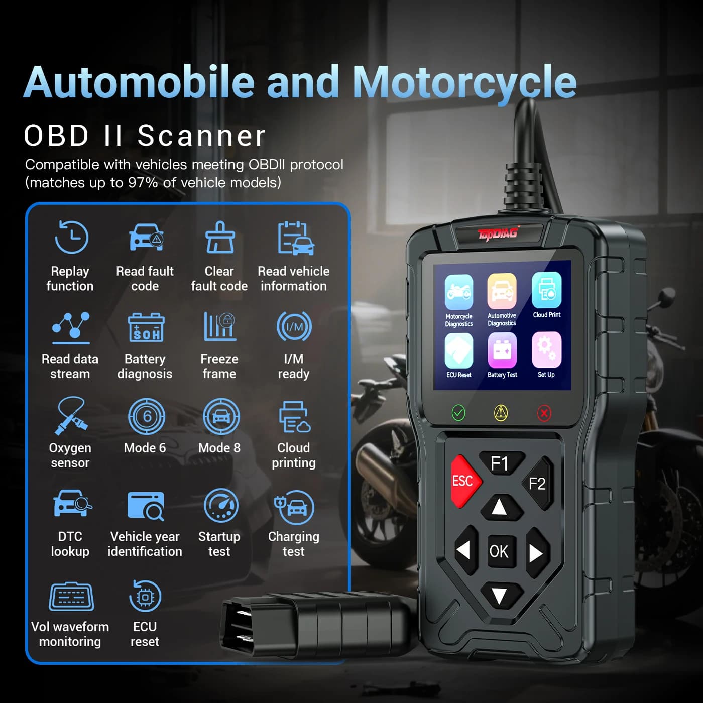 NUOVO Topdiag M60 OBD2 Scanner per codice di guasto per moto e veicolo Leggi ECU gratuito Reset Strumento diagnostico per auto DTC Lookup automobilistico