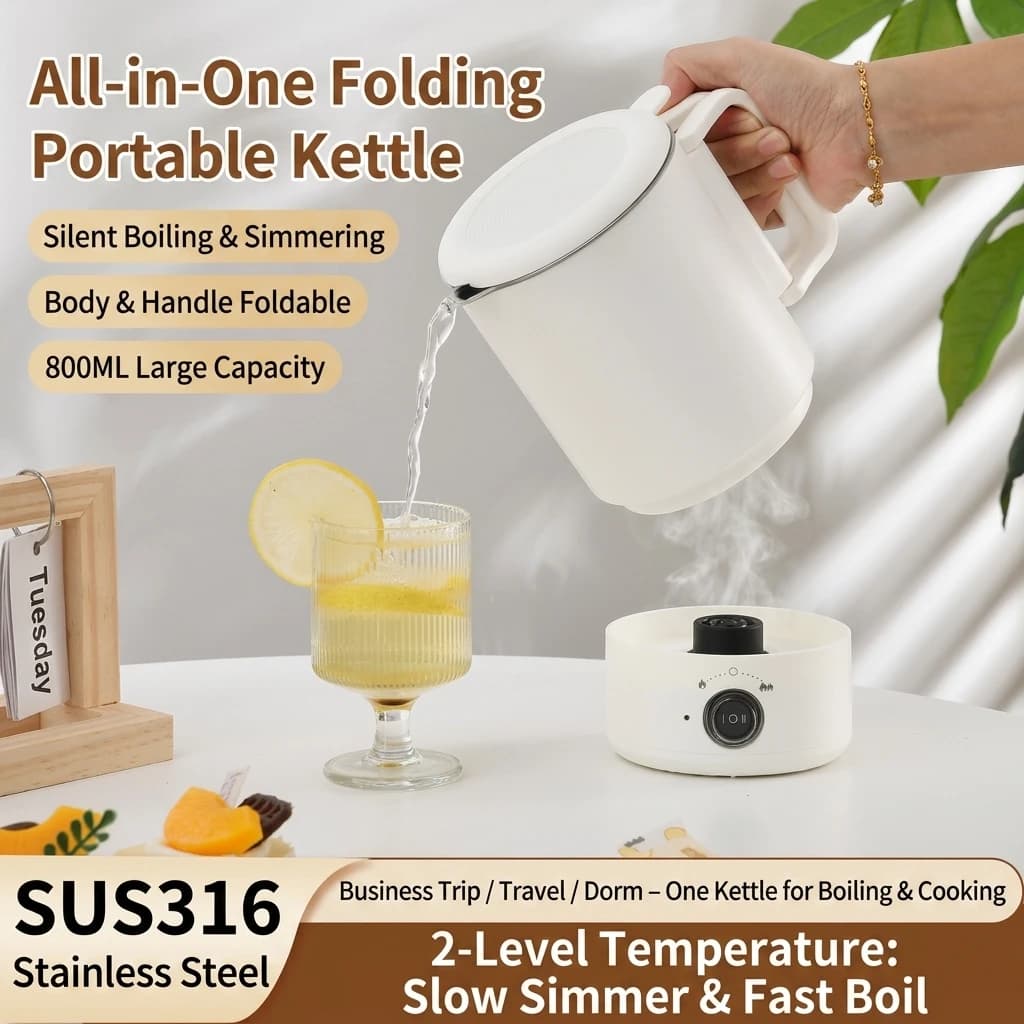 800ML Foldable Electric Kettle 316 Stainless Steel Portable Travel Water Boiler Dual Temp Control Fast Boil For Dormitory Trip