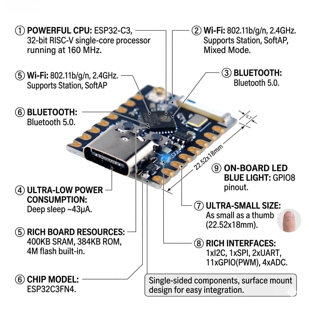 Scheda di Sviluppo Super Mini ESP32-C3 con Antenna WiFi 2.4G, Modulo Wi-Fi BT ESP32C3 per Arduino IoT ESP-IDE