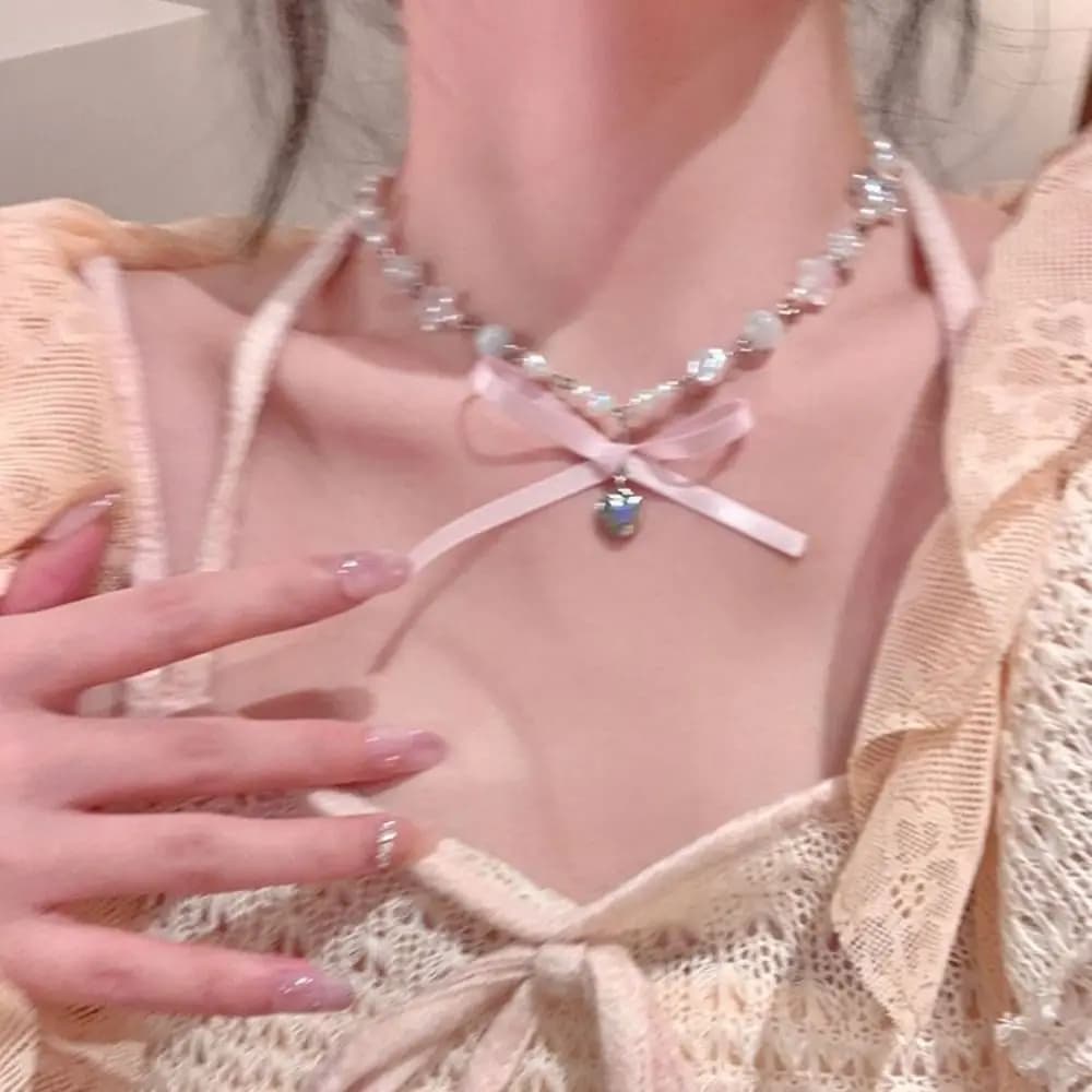 Collana con Fiocco Rosa e Perle, Ciondolo a Fiocco in Zircone Stile Coreano, Accessori Gioielli, Choker, Regalo Balletcore