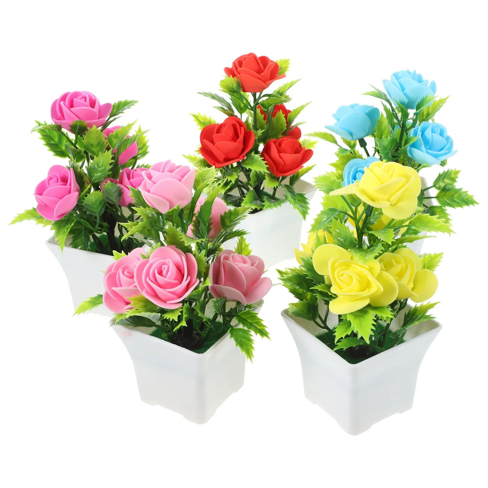 5Pcs Artificial Potted Flower Plastic Simulation Plants Desktop Bonsai Decoration Faux Plant for Home Office Tabletop Display