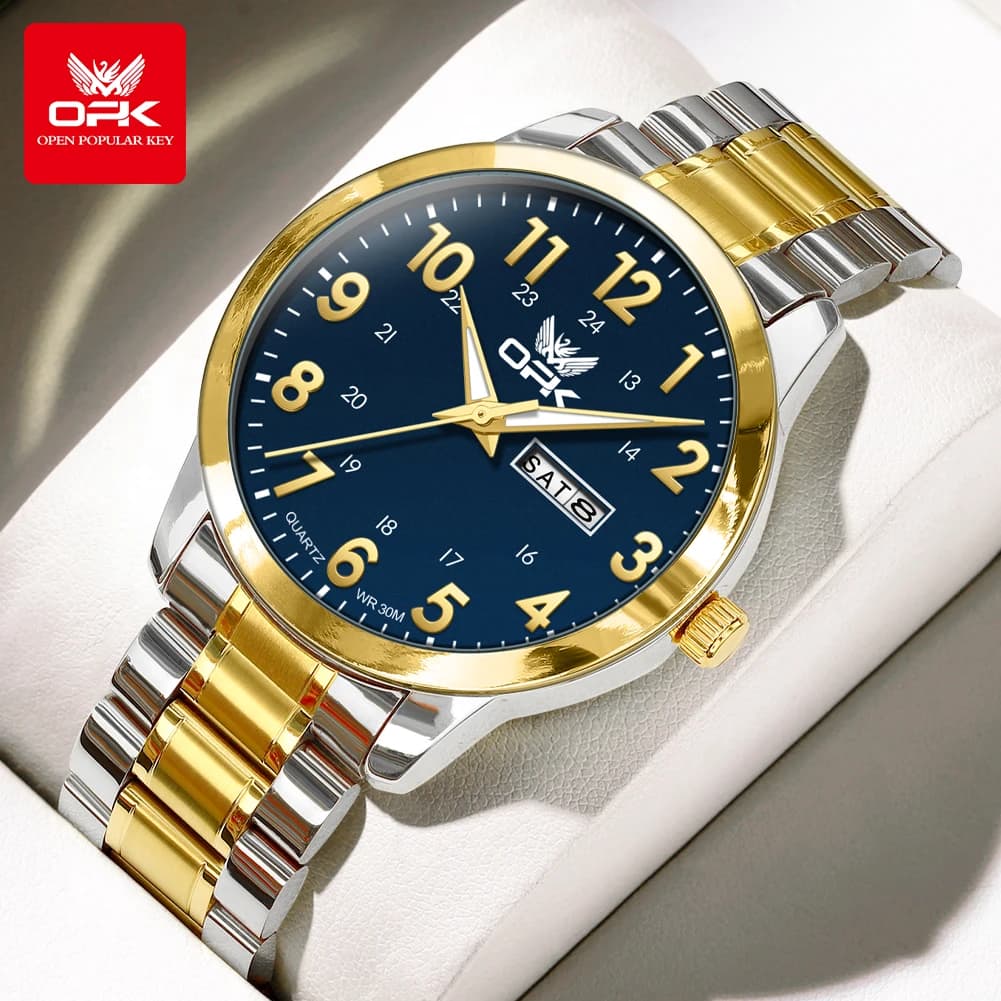 OPK 8176 Men's Watch with Stainless Steel Strap, Waterproof, Luminous, With Display Date, Classic Digital Dial, Simple Dust Quartz Watch for Men
