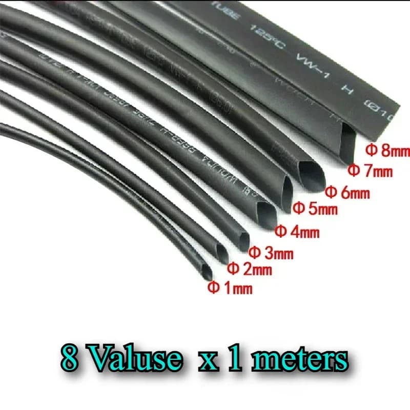 8 metri/set 2:1 NERO 1mm 2mm 3mm 4mm 5mm 6mm 8mm Tubo Termoretraibile per Cavo Kit di cavi connettore fai da te