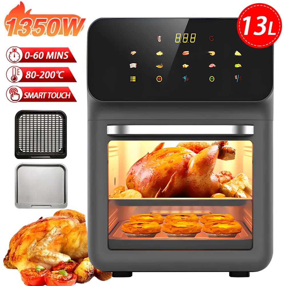 Friggitrice ad Aria da 13L, Forno Digitale da 1350W con Girarrosto, 360° ° Circolazione dell'aria calda, controllo touch intelligente, timer e regolazione della temperatura