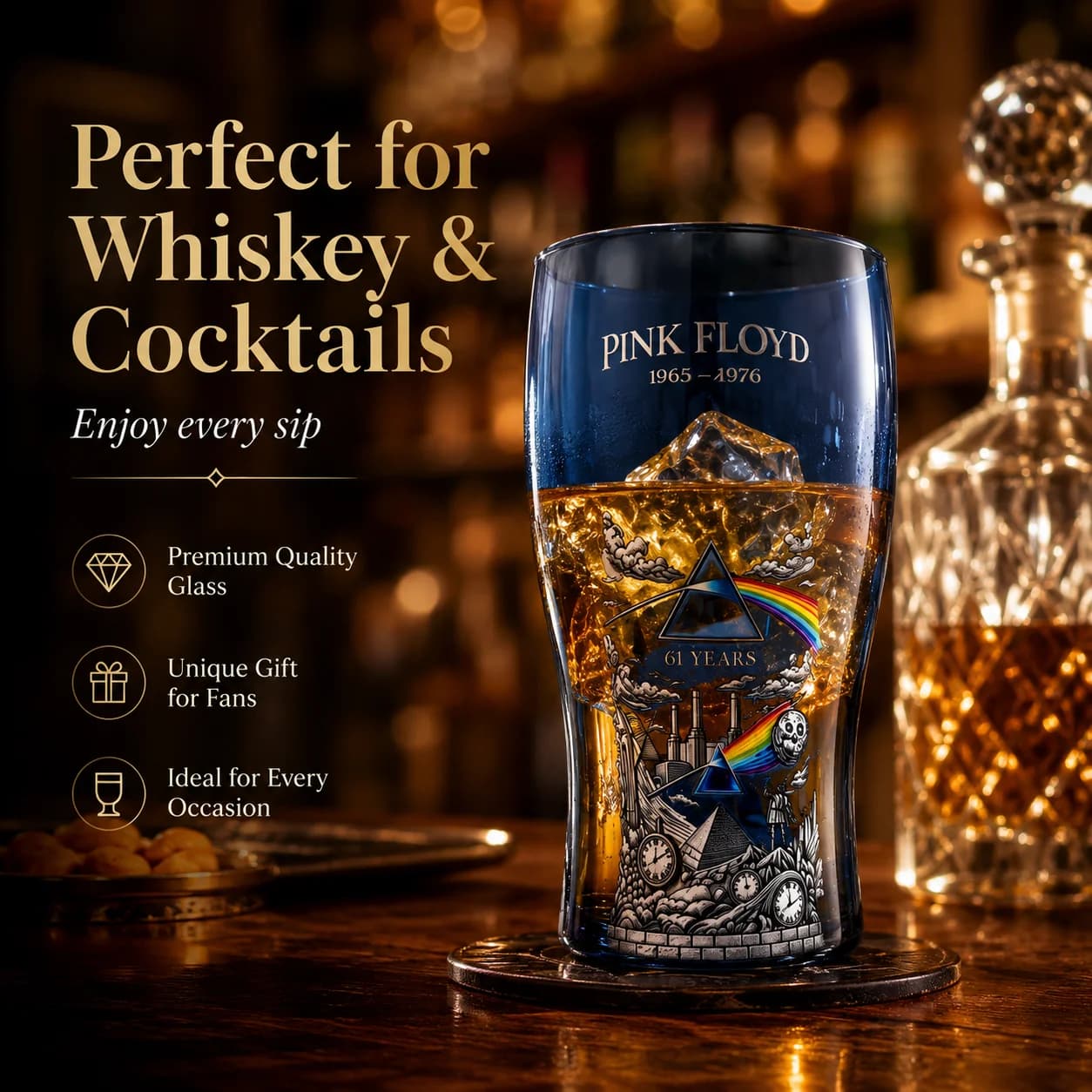 Pink Floyd Blue Tinted Whiskey Glass Sticker Craft Rock Band Theme Tumbler Creative Cocktail Cup Home Bar Decor Gift for Fans