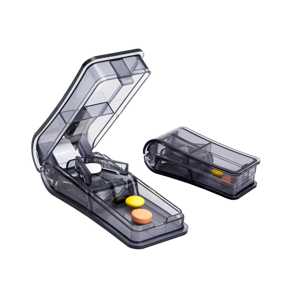 Scatola portapillole portatile Mini scatola per farmaci Taglierina per tablet 6 colori Custodia per pillole Frantoio Portapillole da viaggio