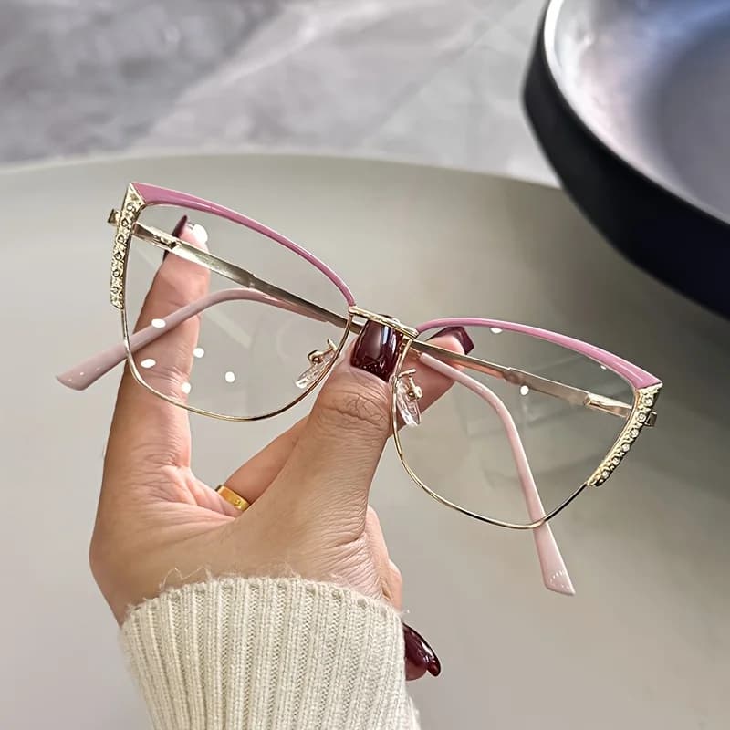 Diamond Cat Eye Glasses - Non-prescription Full Frame Glasses, Gold Frame, Pink/Taupe/Brown/Peach - Luxury Round for Parties, Weddings and Daily Wear - Face Effects Glasses