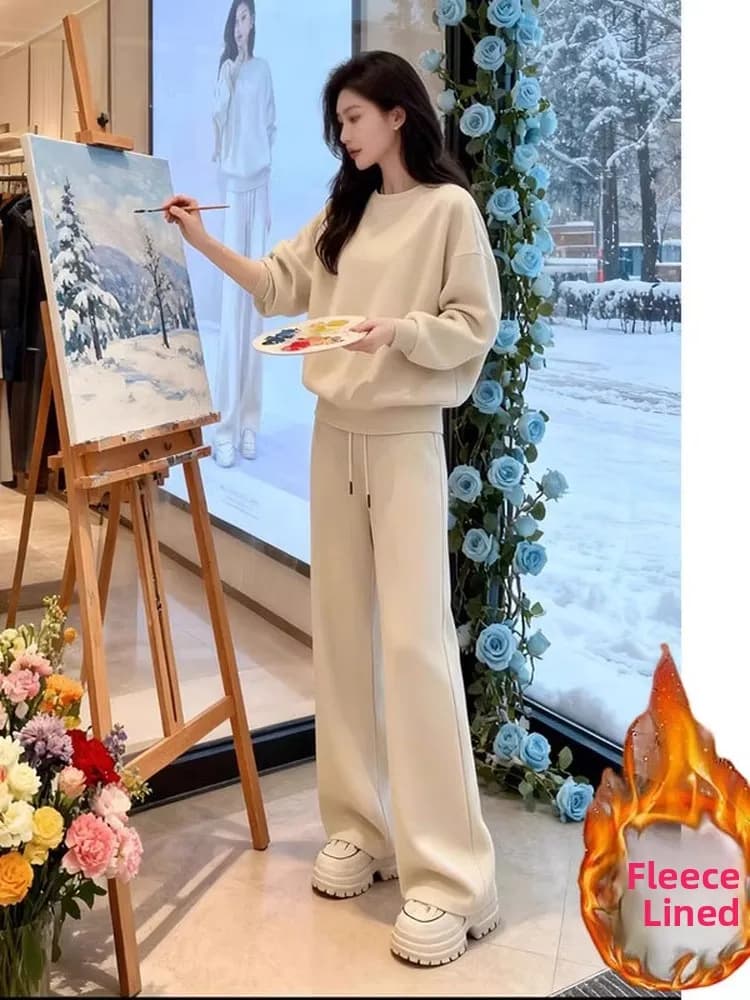 Laid-back Style Women's Sportswear Set round Neck Sweatshirt Wide Leg Pants Two-Piece Fashionable Casual Winter Outfit