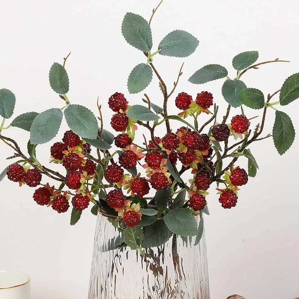Creative Red Raspberry Artificial Plant Green Leaves Photo Props Simulation Berry Branches Faux Fruit Party Home Decoration