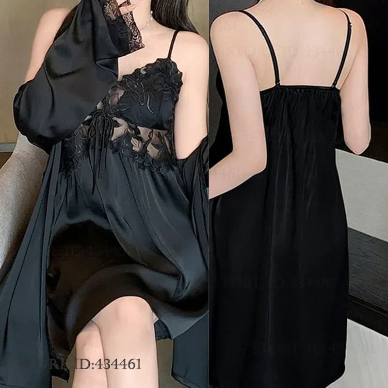 Women's Twinset Robe Set Summer Ice Silk Nightgown Bathrobe Sexy Hollow Out Lace Lingerie Loose Casual Homewear Loungewear