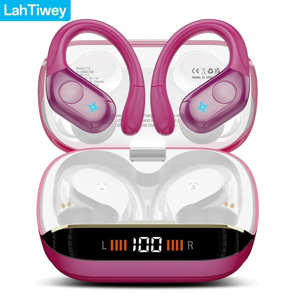Auricolari Wireless Bluetooth 5.4, Cuffie TWS Stereo con Bassi Profondi, Auricolari Sportivi con Ganci per Orecchie, Display LED