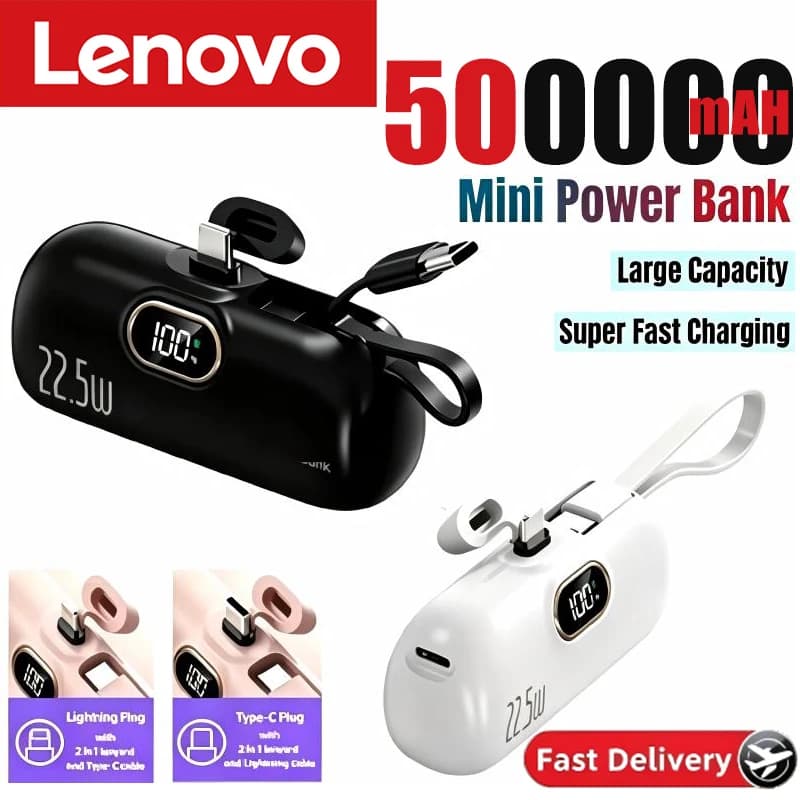 Lenovo 500000mAh Mini Capsule Power Bank 22.5W Super Fast Charging Portable External Battery Powerbank for iPhone Samsung VIVO