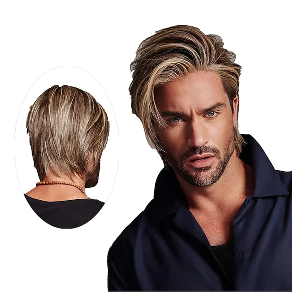 HAIRJOY Parrucca mista marrone da uomo Capelli sintetici a strati corti per parrucca di Halloween anime cosplay maschile