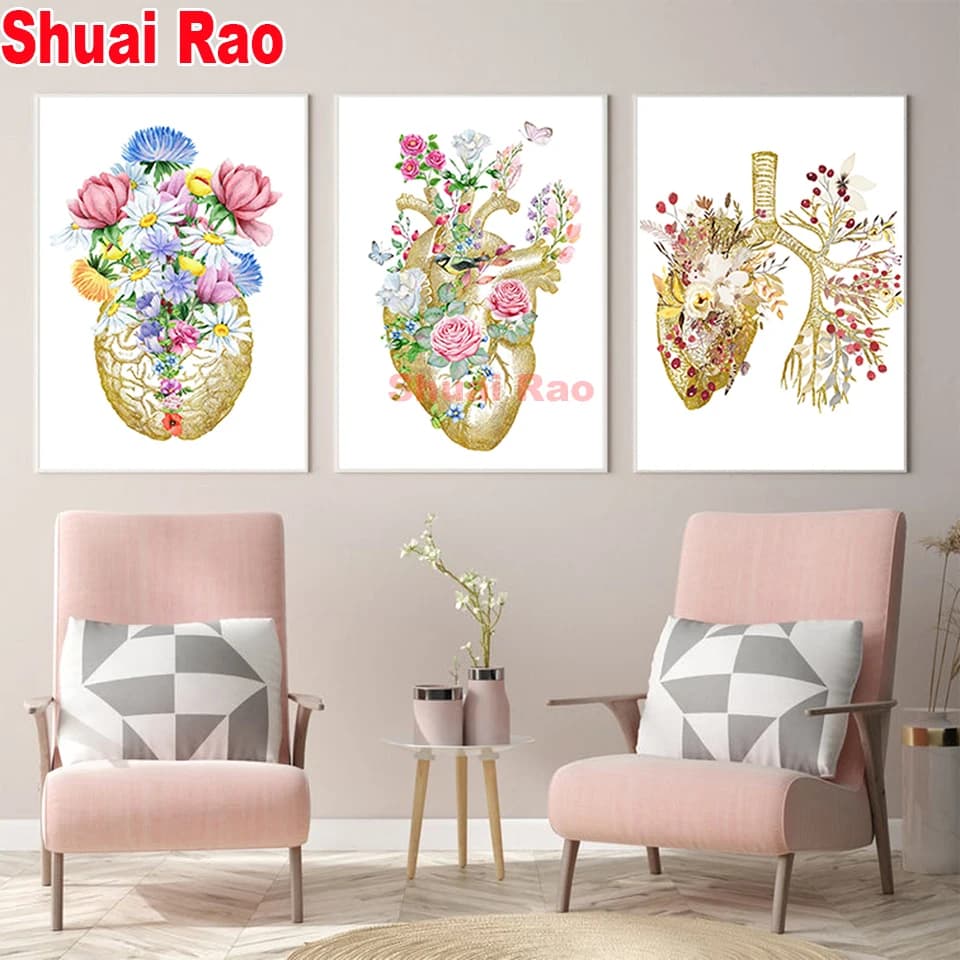 3 pieces Diamond Painting Brain Heart Lung Anatomy Full Round Drill 5D Diamond Embroidery Rhinestone Mosaic Medical Room Decor,