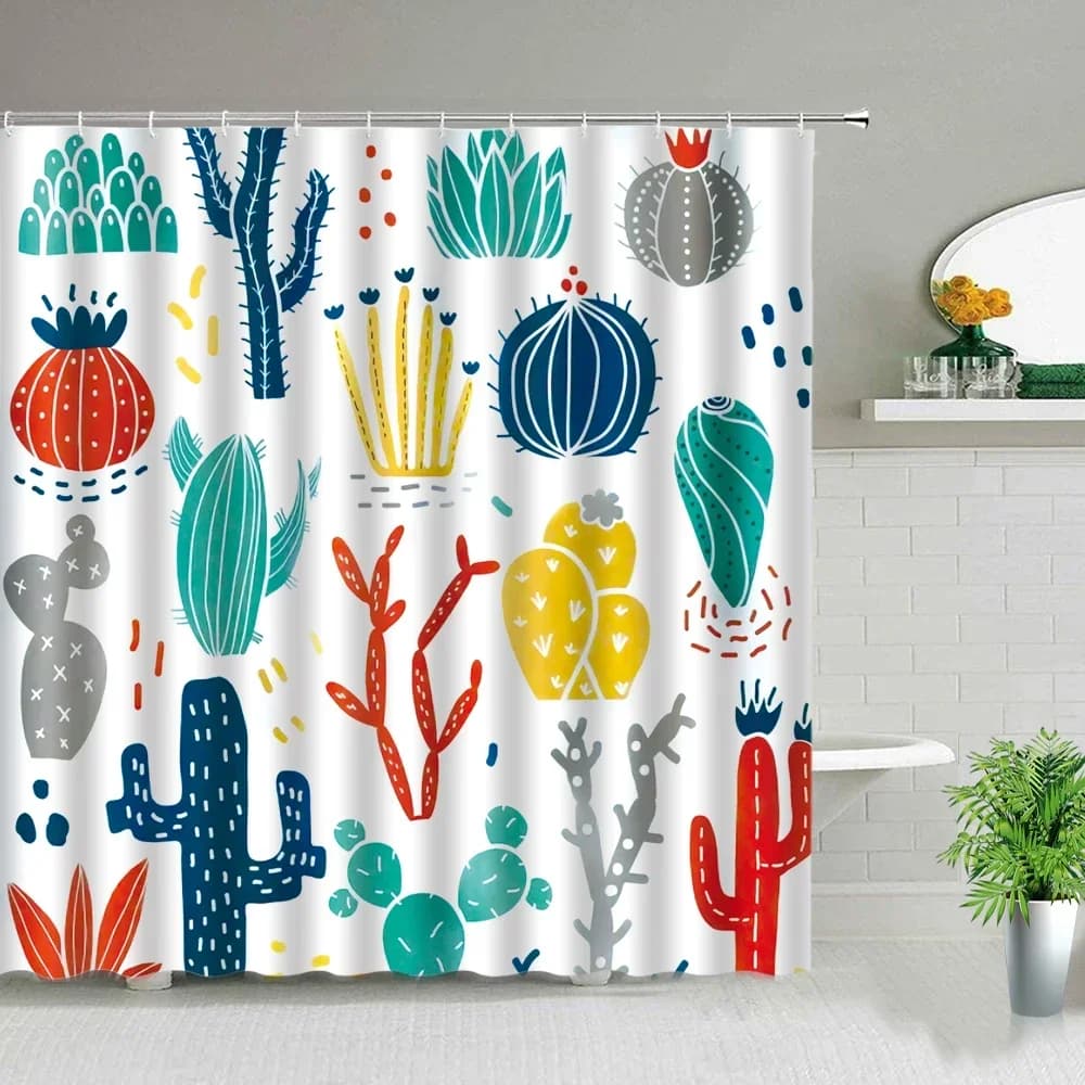 Tenda da doccia con fiori di cactus e piante verdi tropicali Tende da bagno in tessuto impermeabile Decorazione per il bagno Schermo Stampa 3D con ganci