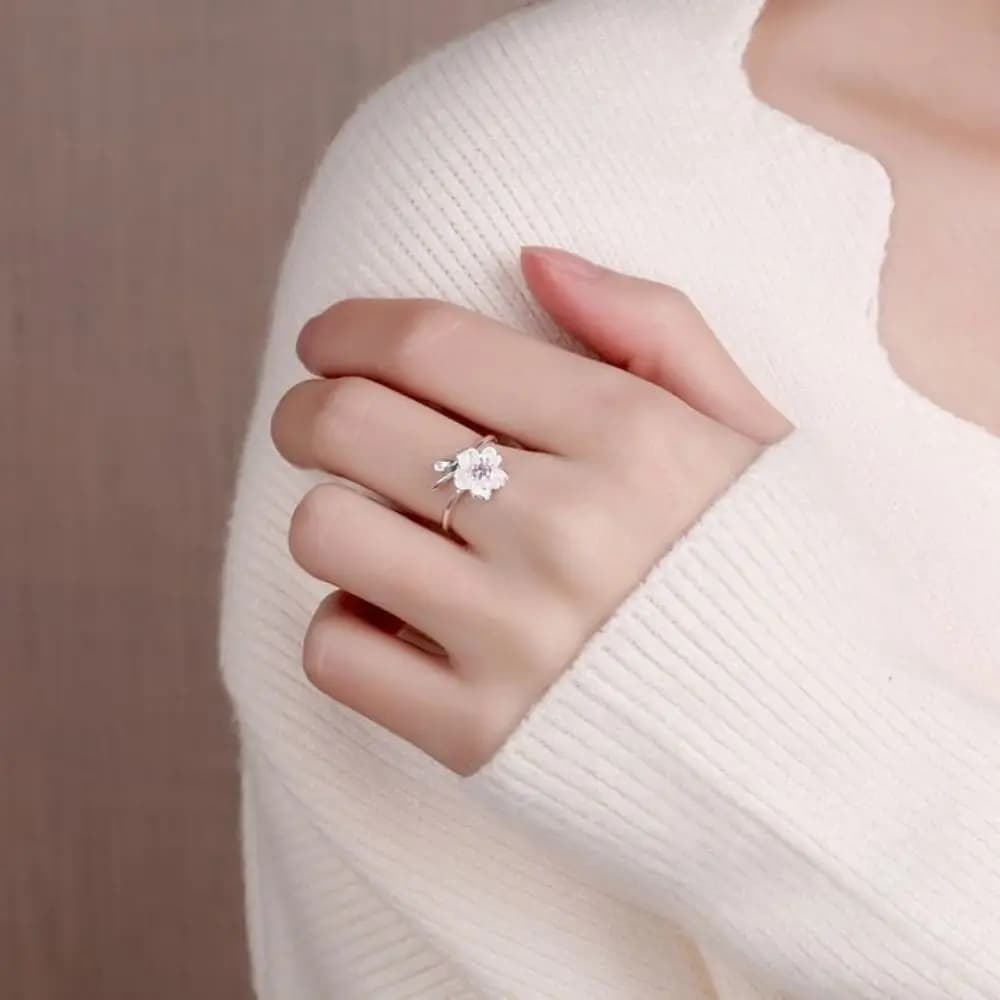 Anello Aperto di Lusso Leggero con Strass Rosa a Forma di Fiore di Ciliegio, Anello Regolabile Elegante