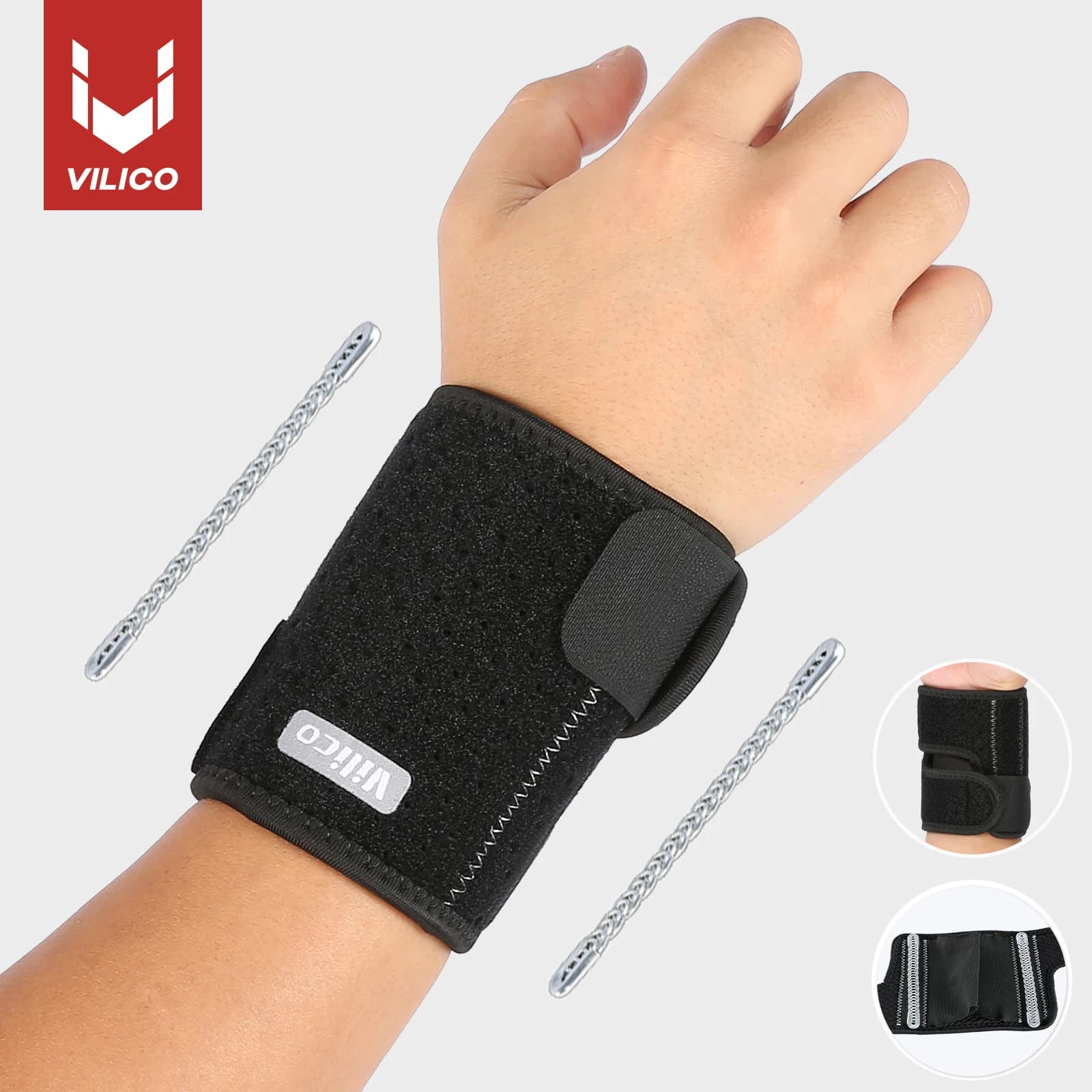Protezione per il polso con fodera interna traspirante da 2 pezzi con due strisce interne a molla, che supportano braccialetti regolabili con fasce di pressione
