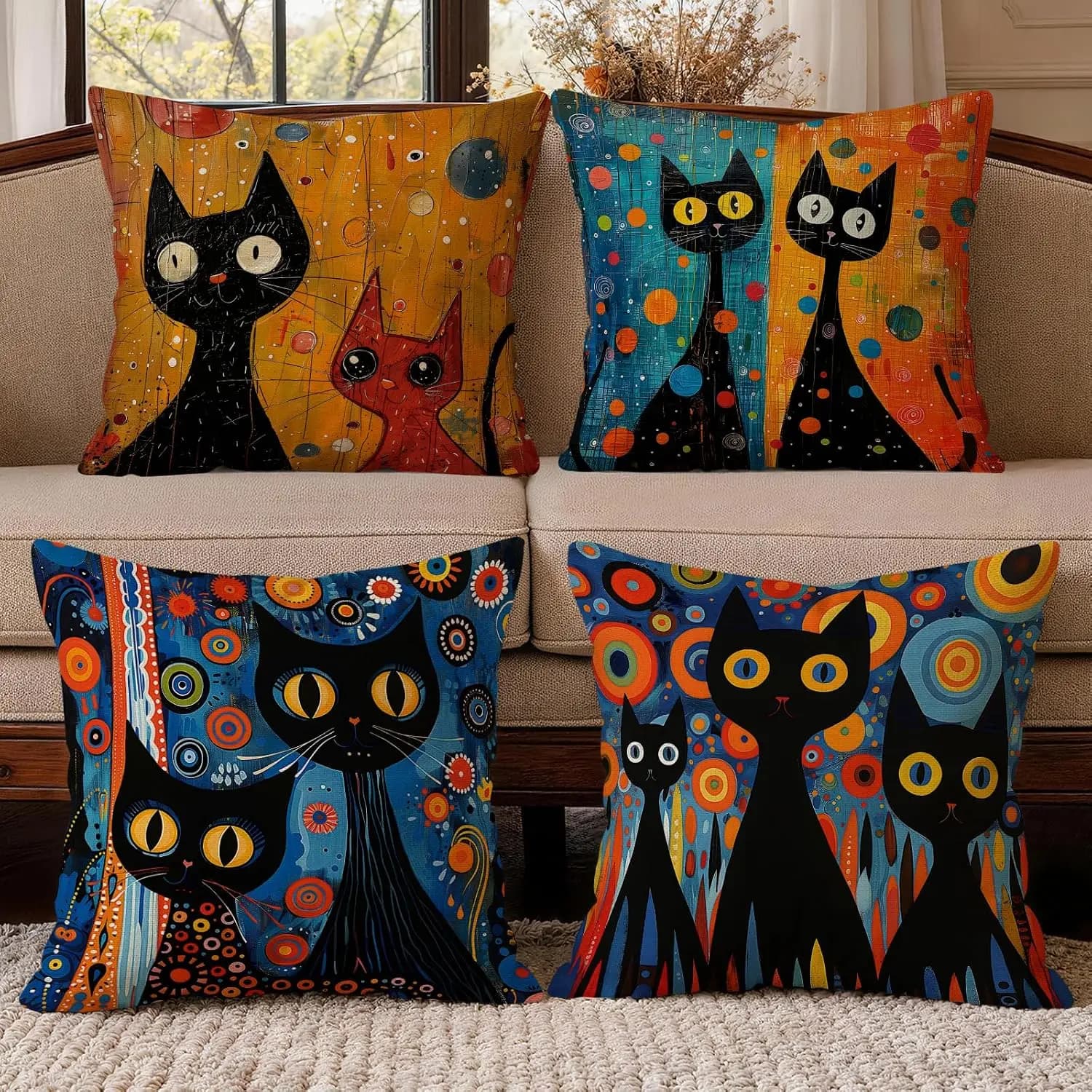Premium 4 Piece Cat Print Throw Pillow Covers Set Boho Abstract Modern Polyester Cushion Decor for Sofa Living Room Home Accent