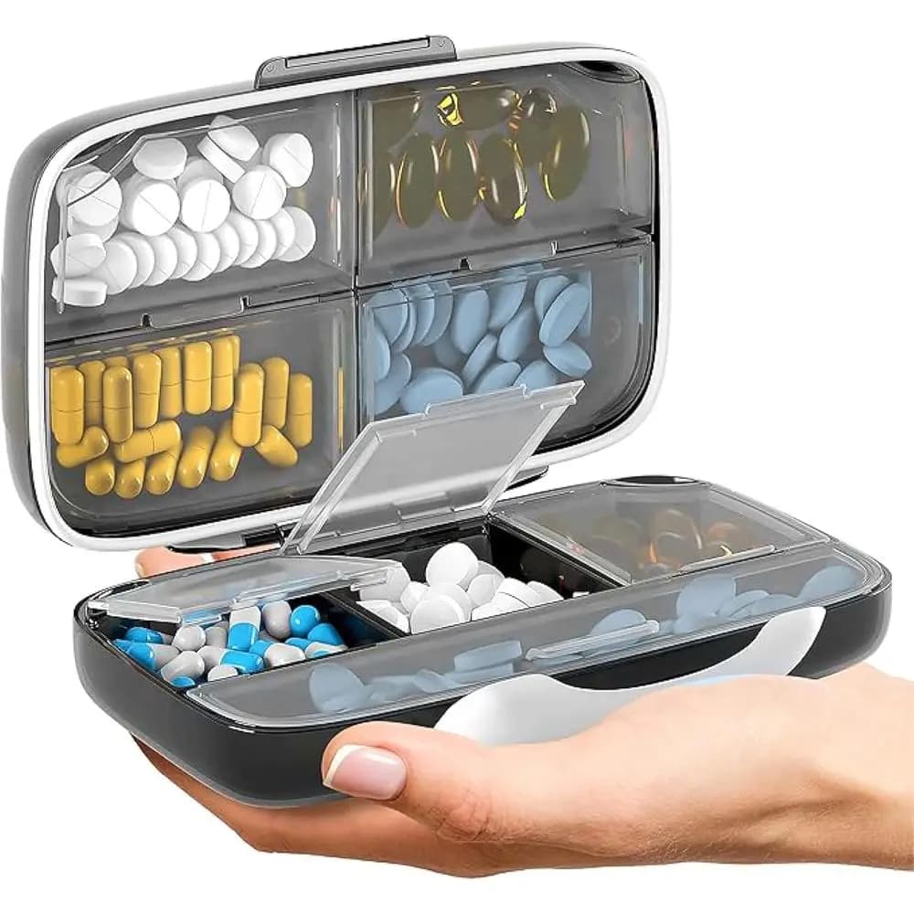 Organizzatore Portatile per Pillole da Viaggio a 8 Scomparti con Contenitore Etichettato per Vitamine, Medicinali e Integratori (Nero)